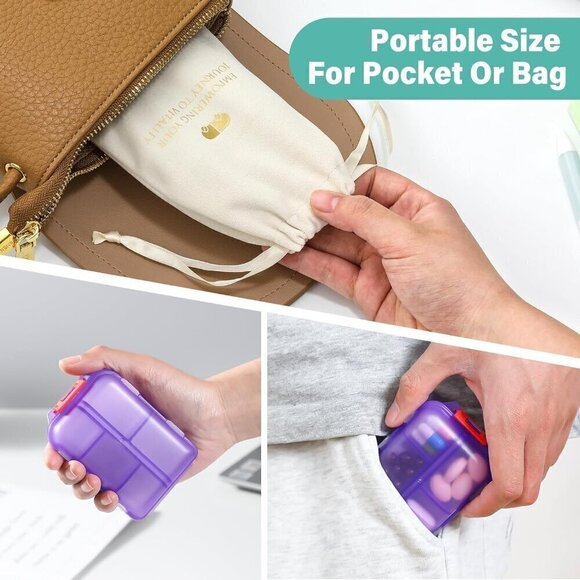 Travel Pill Organizer Labels & 1 Drawstring Pouch, Small 10 Compartments PURPLE - Picture 6 of 9